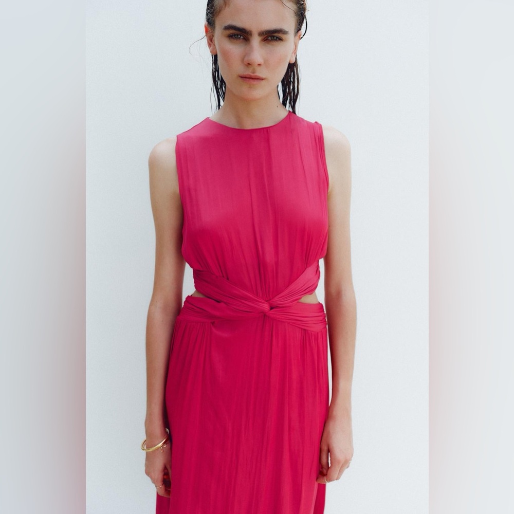 Zara Satin effect cut out sleeveless midi dress fuchsia. S NWT - Picture 6 of 17